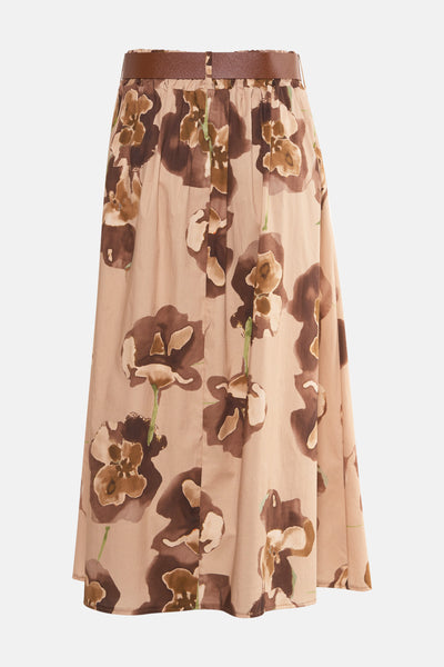 Lange beige rok van Terra di Siena met bruine riem en bloemenprint.