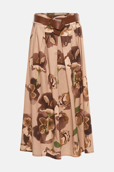 Lange beige Terra di Siena rok met bruin bloemenpatroon en bruine tailleband.