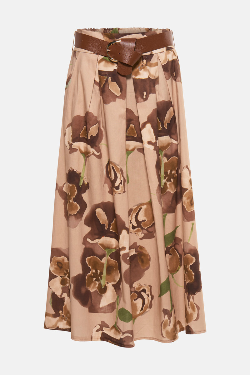 Lange beige Terra di Siena rok met bruin bloemenpatroon en bruine tailleband.