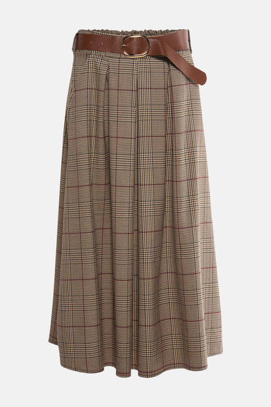 3/4 meerkleurige rok van Terra di Siena met ruitpatroon en bruine riem.
