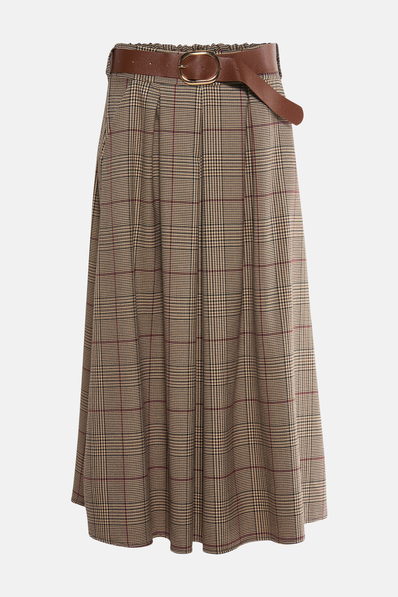 3/4 meerkleurige rok van Terra di Siena met ruitpatroon en bruine riem.