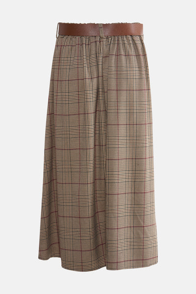 Midi-rok met ruitpatroon van Terra di Siena met een bruine, getextureerde riem.