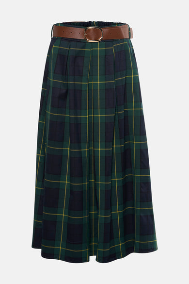 Jupe trois-quarts multicolore de Terra di Siena avec motif à carreaux et ceinture marron.