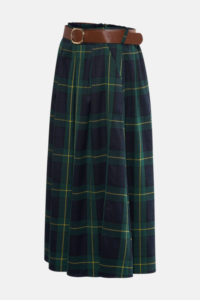 Jupe mi-longue multicolore de Terra di Siena, à motif écossais, avec ceinture marron.
