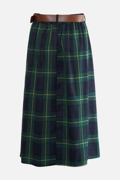 Jupe 3/4 multicolore de Terra di Siena avec motif tartan, ceinture marron à la taille.