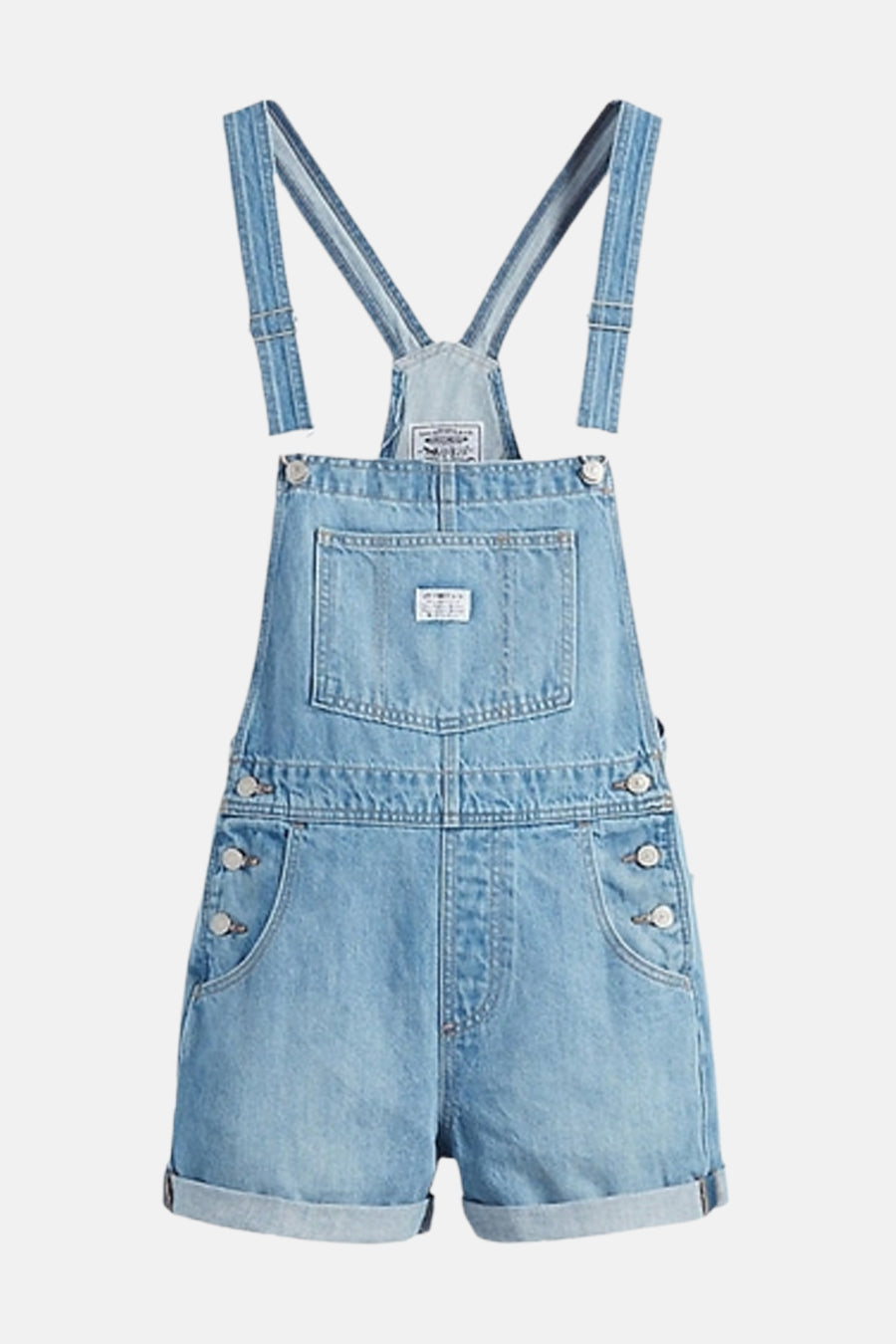 Combi-short en denim bleu clair de Levi's®, avec bretelles, poches et ourlets retroussés.
