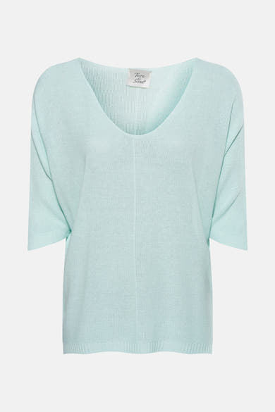 Gilet turquoise de Terra di Siena, en tricot fin avec encolure en V et manches courtes.