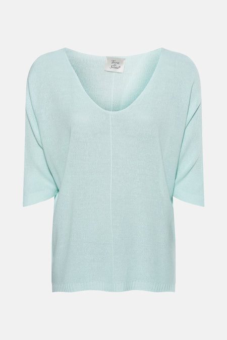 Turquoise gilet van Terra di Siena, in fijne breiwerk met V-hals en korte mouwen.