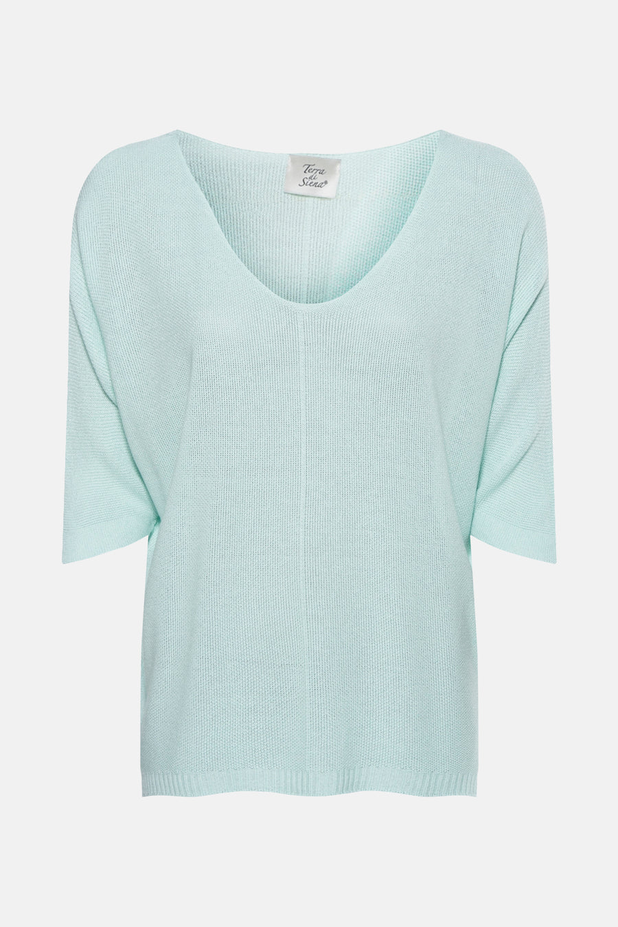 Gilet turquoise de Terra di Siena, en tricot fin avec encolure en V et manches courtes.