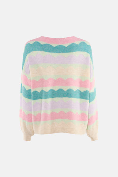 Multikleuren rondehals trui van Terra di Siena, met pastel zigzagpatroon.