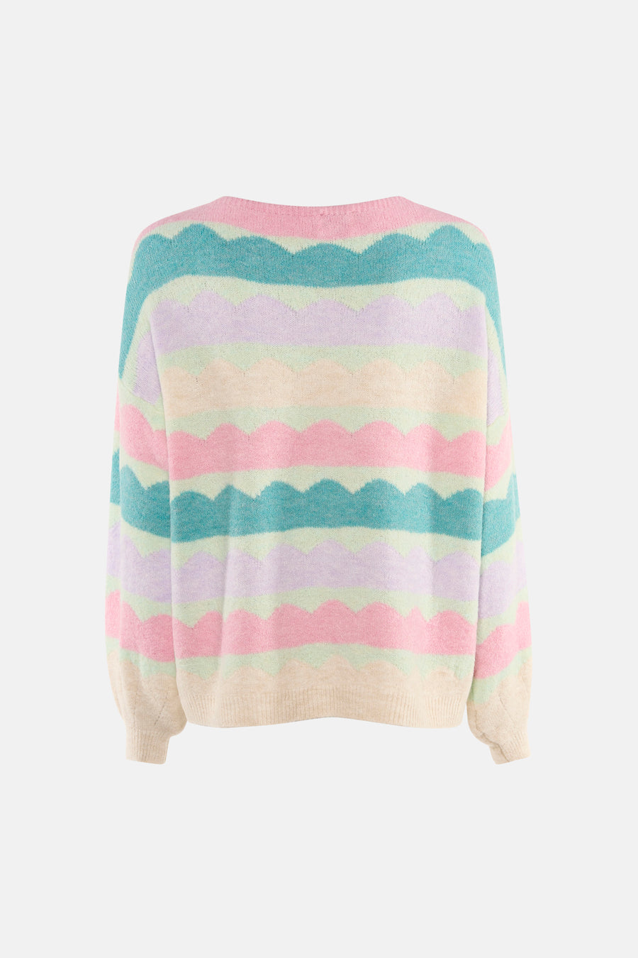 Multikleuren rondehals trui van Terra di Siena, met pastel zigzagpatroon.
