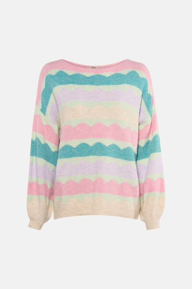 Multikleuren rondehals trui van Terra di Siena, met golvende strepen in pastelkleuren, lange pofmouwen.