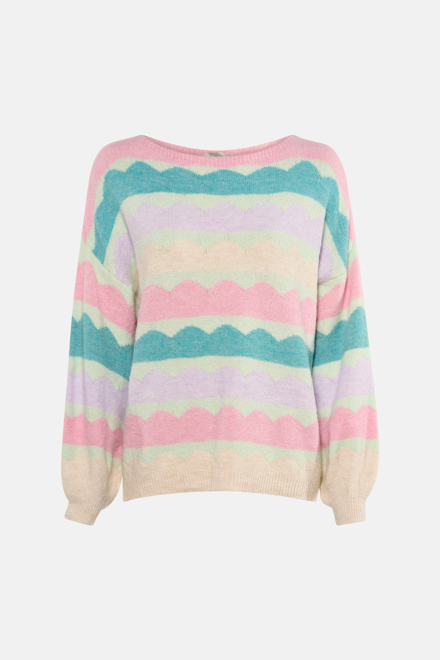 Multikleuren rondehals trui van Terra di Siena, met golvende strepen in pastelkleuren, lange pofmouwen.