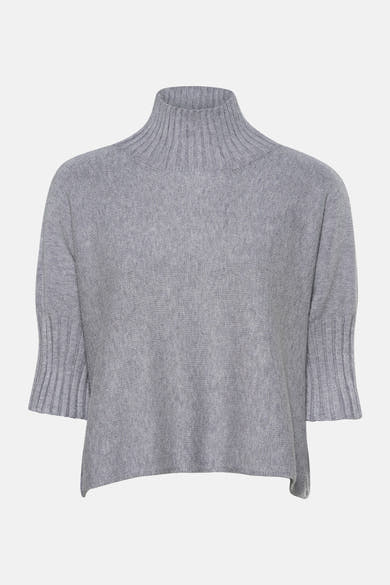 Pull col montant gris de Terra di Siena en maille côtelée et manches courtes.
