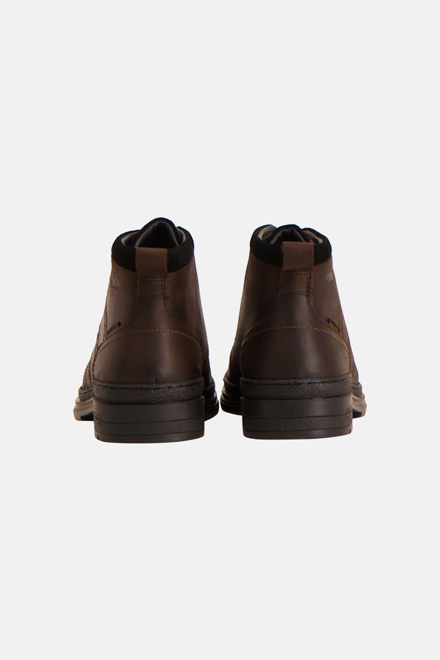 Brown leather ankle boots back view with black heel tab and layered sole