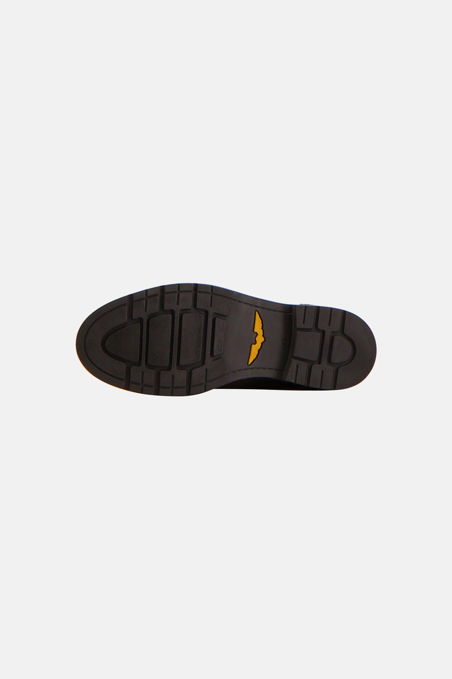 Brown ankle boot sole with black tread pattern and yellow bat-shaped logo, bottom view