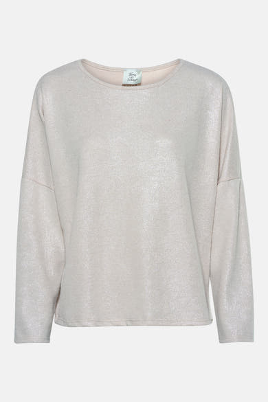 Top uni beige à manches longues de Terra di Siena, vêtement en maille fine brillante.