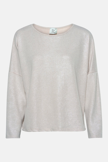 Top uni beige à manches longues de Terra di Siena, vêtement en maille fine brillante.
