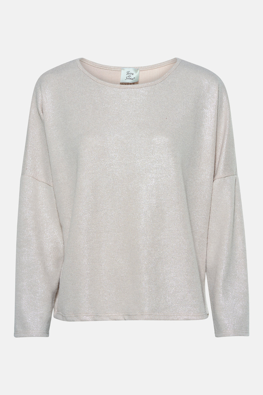 Top uni beige à manches longues de Terra di Siena, vêtement en maille fine brillante.