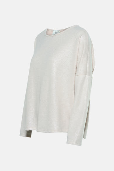 Top uni beige à manches longues de Terra di Siena avec une texture scintillante.