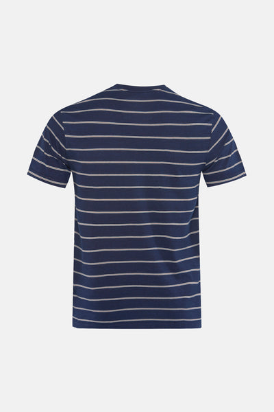 T-shirt à manches courtes bleu marine de Levi's, rayures horizontales blanches, vue arrière.

