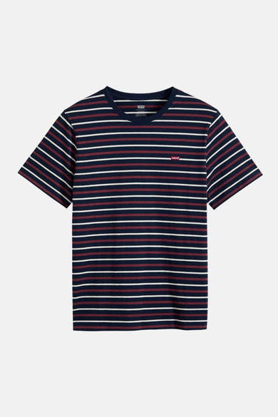 Marineblauwe T-shirt met korte mouwen en witte en bordeauxrode strepen van Levi's®.