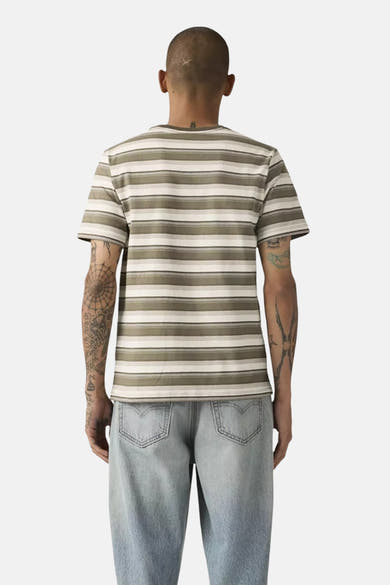 Multikleurig T-shirt met korte mouwen van Levi's, horizontale strepen, gedragen met een lichtblauwe jeans, achtergezicht.