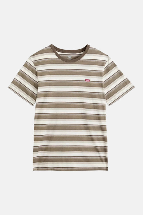 T-shirt à manches courtes multicolore de Levi's®, rayures horizontales marron et beige, logo rouge sur la poitrine.
