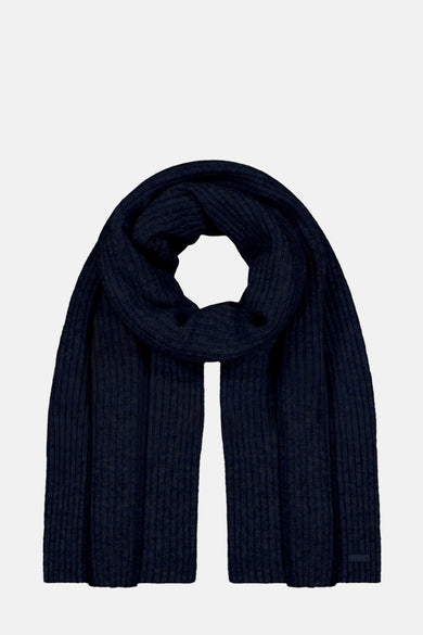 Écharpe bleu marine en tricot côtelé par Barts, avec une texture douce et un design enveloppant.
