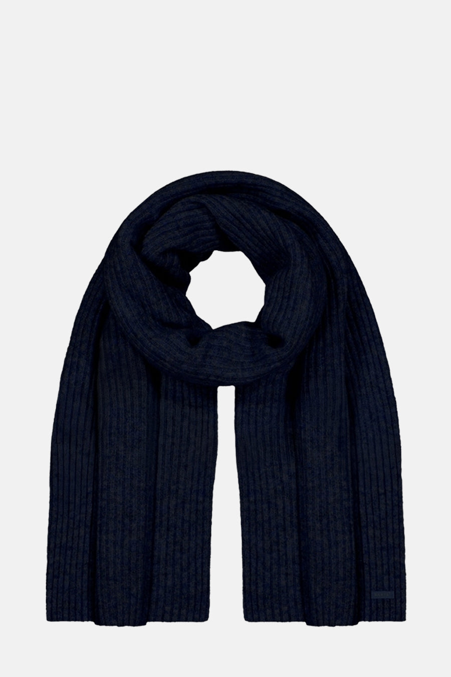 Écharpe bleu marine en tricot côtelé par Barts, avec une texture douce et un design enveloppant.

