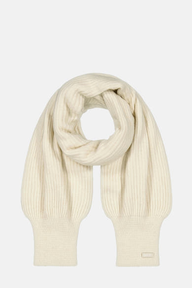 Écharpe écru de Barts, en tricot côtelé épais avec un design torsadé en forme de boucle.