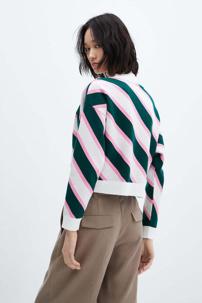 Multicolored striped knit sweater with diagonal green, pink, and white pattern, ribbed cuffs and hem, shown from back view on model wearing beige trousers