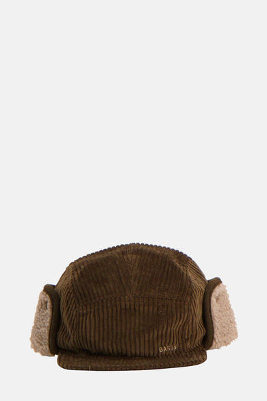 Bonnet kaki en velours côtelé de BARTS, avec des oreillettes en fausse fourrure beige.