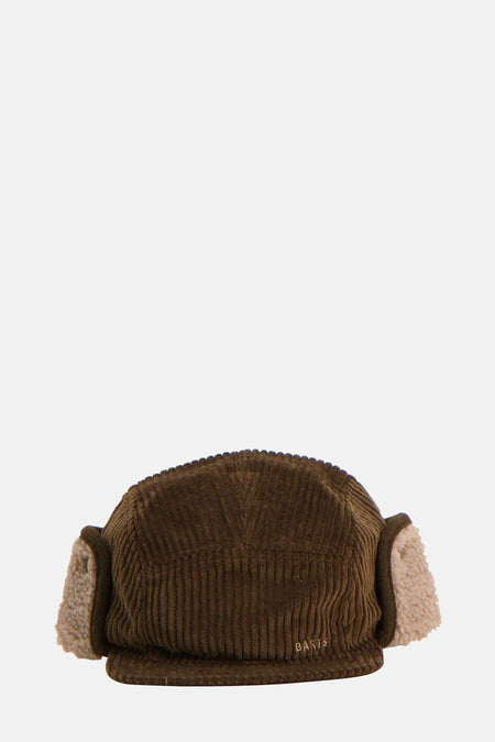 Bonnet kaki en velours côtelé de BARTS, avec des oreillettes en fausse fourrure beige.