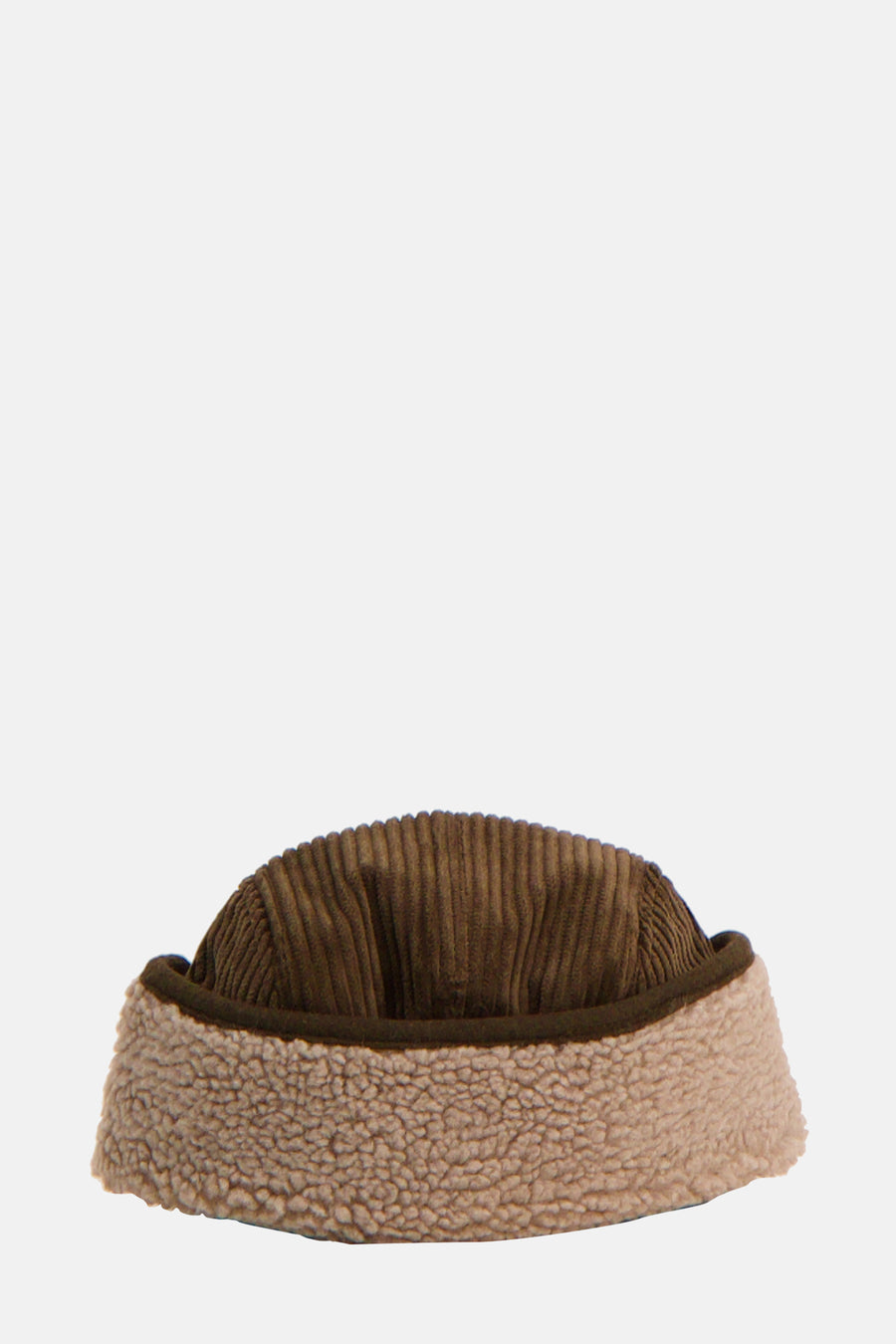 Bonnet kaki en velours côtelé de BARTS, bordure en fausse fourrure douce couleur crème.
