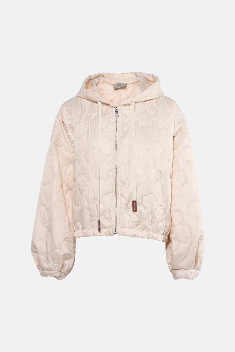 Korte beige jas van Terra di Siena met geborduurd bloemenpatroon, capuchon en trekkoord.