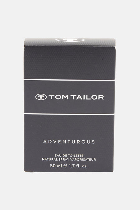 Multikleurig parfum van Tom Tailor, in zijn zwarte getextureerde verpakking met witte details.