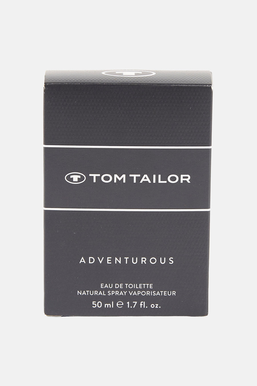Multikleurig parfum van Tom Tailor, in zijn zwarte getextureerde verpakking met witte details.