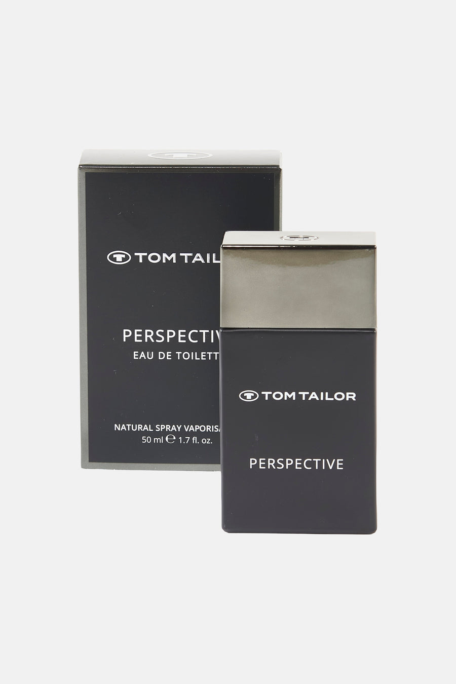 Multikleurig parfum van Tom Tailor met een bijpassende zwarte fles en verpakking.