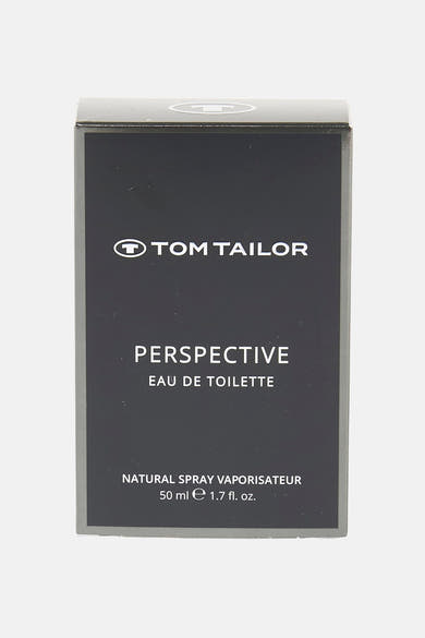 Multikleurig parfum van Tom Tailor, met de inscriptie "Perspective Eau de Toilette" op de verpakking.