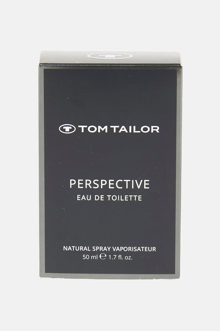 Multikleurig parfum van Tom Tailor, met de inscriptie "Perspective Eau de Toilette" op de verpakking.