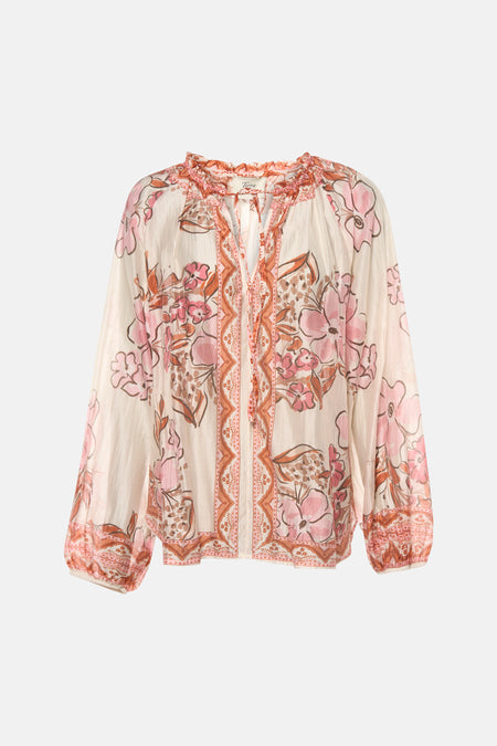 Chemisier à manches longues multicolore Terra di Siena, à motif floral rose et ornement géométrique.