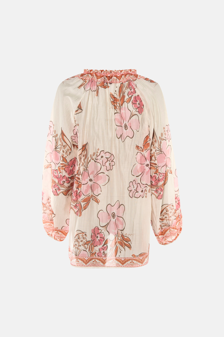 Multikleurige blouse met lange mouwen van Terra di Siena, versierd met een roze en bruin bloemenpatroon.