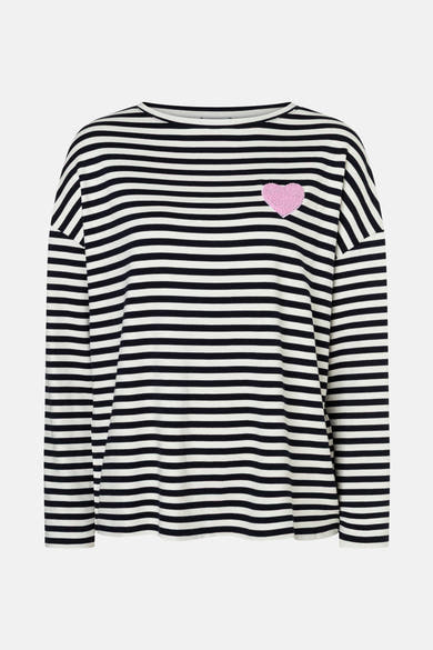Sweat multicolore de MORE & MORE avec motif rayé noir et blanc et cœur rose texturé.