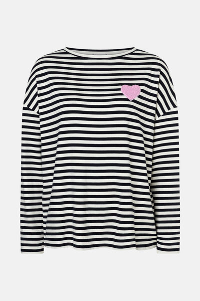 Sweat multicolore de MORE & MORE avec motif rayé noir et blanc et cœur rose texturé.