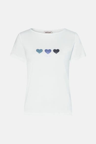T-shirt blanc à manches courtes de MORE & MORE, orné de trois cœurs dégradés.