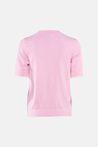 Pull à col rond rose de MORE & MORE, avec bordure blanche au col et aux manches.
