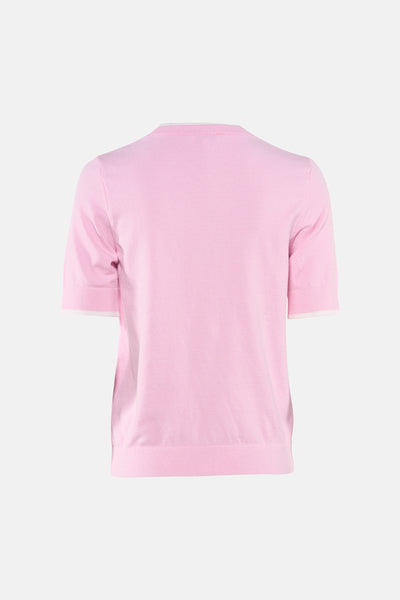 Pull à col rond rose de MORE & MORE, avec bordure blanche au col et aux manches.