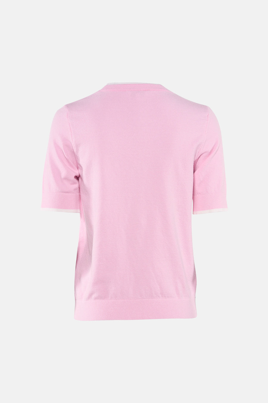 Pull à col rond rose de MORE & MORE, avec bordure blanche au col et aux manches.