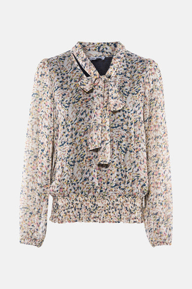 Multikleurige blouse met lange mouwen van MORE & MORE met gespikkeld patroon en geplooide taille.